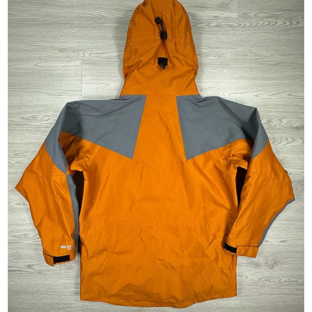 EMS Mens Jacket Gore-Tex Hooded Rain Shell Orange Gray Large Pit Zips Waterproof